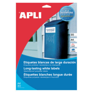 Etiketid Apli  210 x 297mm 20l/pk, vee- ja ilmastikukindel valge