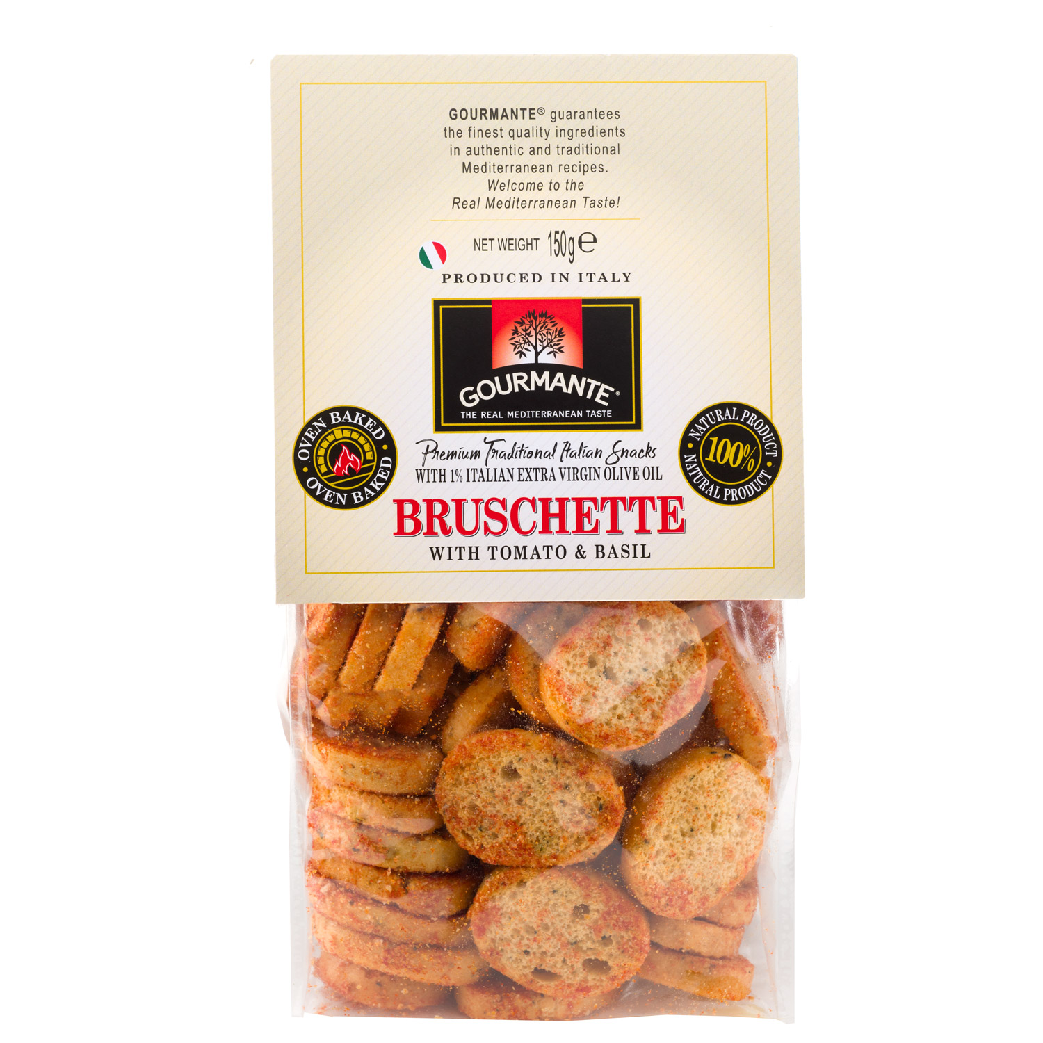 Traditsioonilised Itaalia kreekerid GOURMANTE Bruschette, tomati ja basiilikuga, 150g