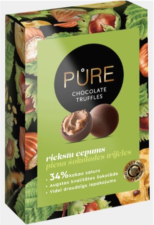 PURE piimašokolaadi trühvlid sarapuupähkli- ja krõbeküpsiste kreemi täidisega, 148g