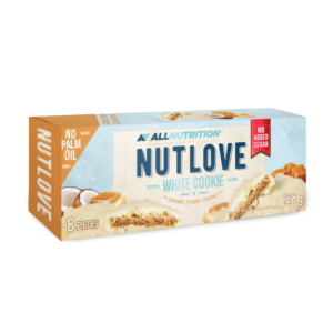 Kookoseküpsised NUTLOVE karamelli ja pähklitega, kaetud piima glasuuriga, SUHKRUVABA 128g