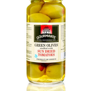 Oliivid GOURMANTE rohelised päikesekuivatatud tomatitega soolvees, 244ml