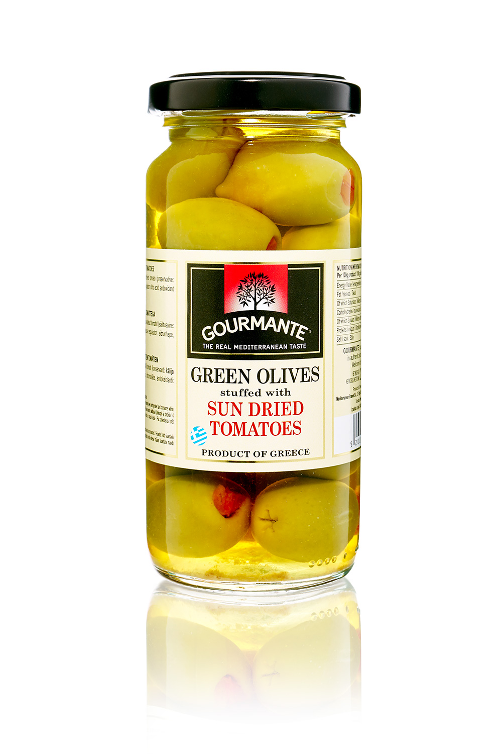 Oliivid GOURMANTE rohelised päikesekuivatatud tomatitega soolvees, 244ml