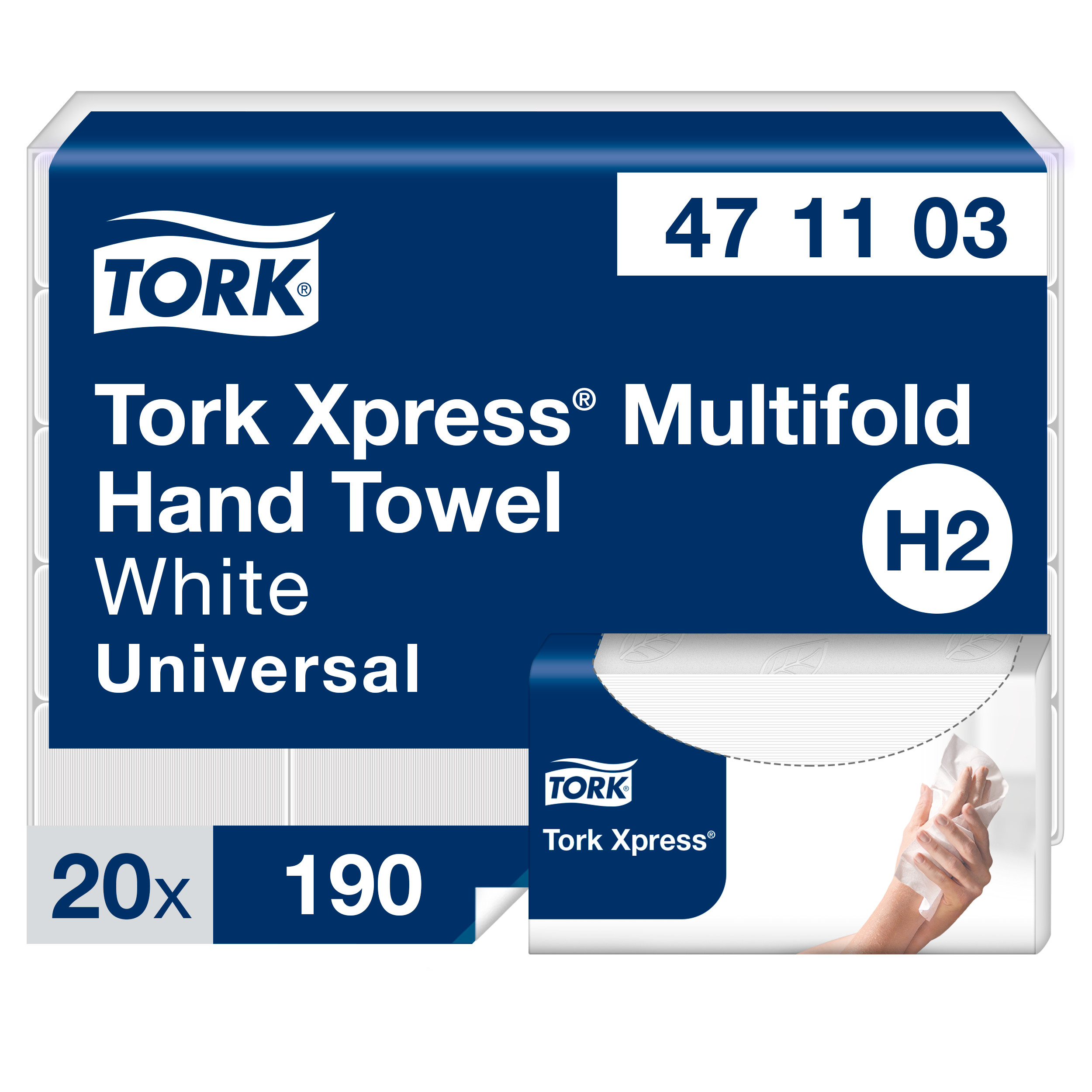 Lehtpaberrätikud TORK Xpress® Multifold H2, 23.4x21.3cm, 2-kih, 190lehte, loodusvalge 471103